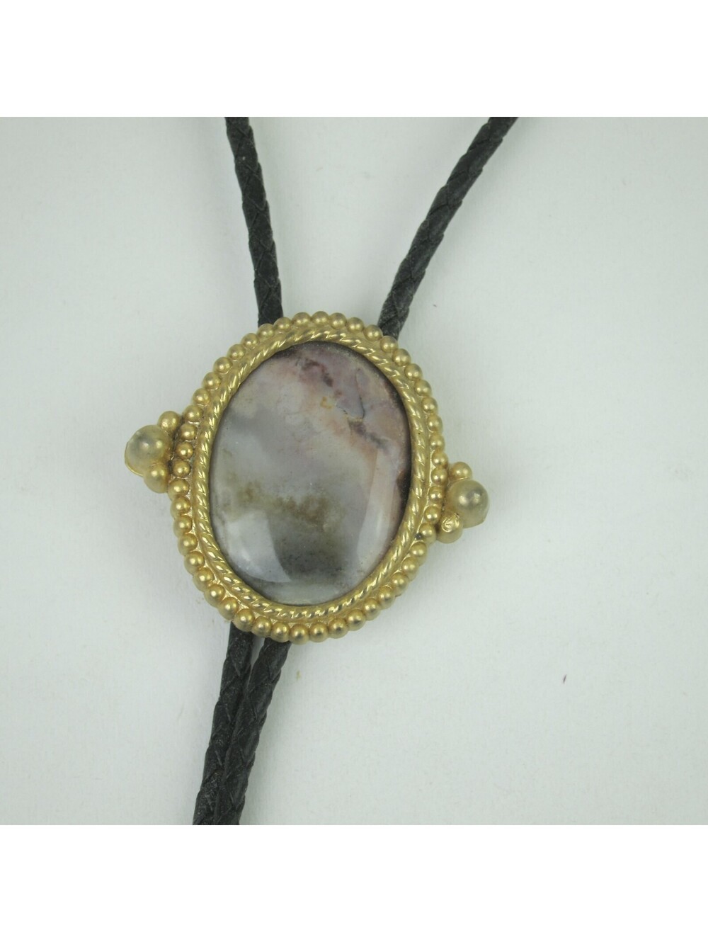 Vintage Bolo Tie Polished Stone in Gold Tone Bead Frame Cowboy Western Accessory